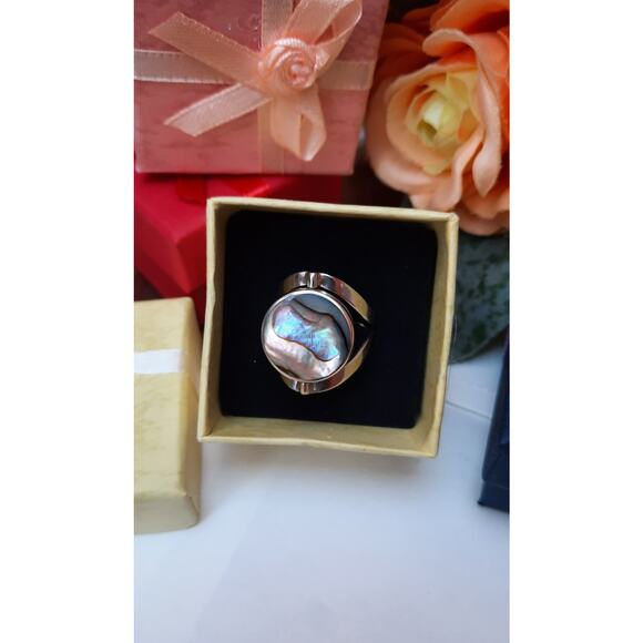 950 Peruvian Solid Silver Flip Ring Blue-Shell Gemstone Handcrafted Adjustable - Picture 2 of 9